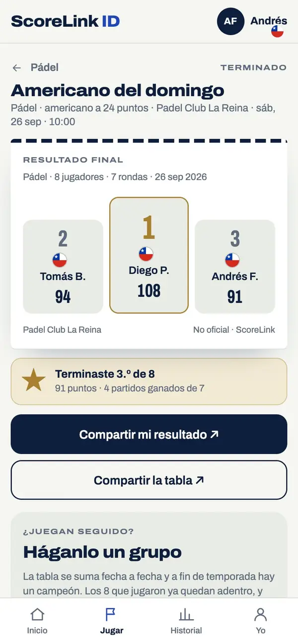 Pádel entre amigos en el celular: el podio del americano del domingo